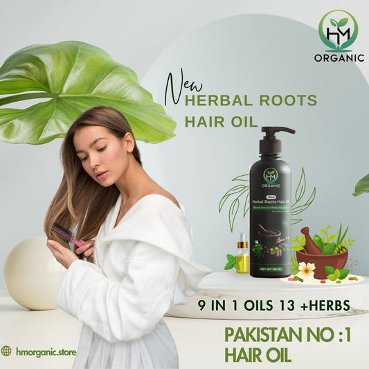 Herbal Roots Hair Oil By HM ORGANICS| Powerful 9 in 1 Oils 13+ Herbs Formula for All Hair Problems + Free Derma Roller